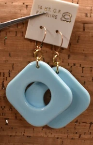 VINTAGE PIERCED EARRINGS LIGHT BLUE PLASTIC 1970 60s GOLD FILLED WIRES G11 - Picture 1 of 2