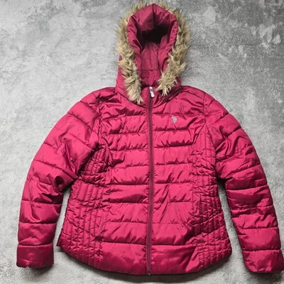 US Polo Assn. Chaqueta Puffer Mujer L Roja Cremallera Completa Forrada Desmontable Capucha Bolsillos Foto 1 de 4