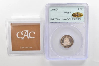 Moeda de dez centavos Seated Liberty PR64 PCGS Rattler CAC ouro tom bonito *9101 - Imagem 1 de 4