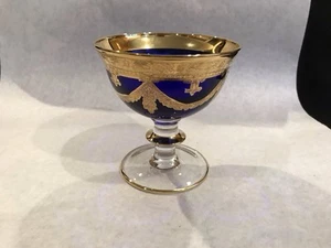 VINTAGE ITALIAN INTERGLASS 24K GOLD COBALT BLUE GLASS COMPOTE SERVING BOWL - Picture 1 of 10