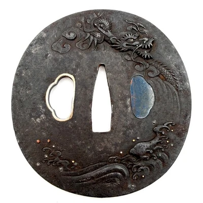 Tsuba 鐔 Dragon and Wave 龍 Late Edo NIHONTO Samurai Antique Japanese Sword Katana - Image 1 of 4