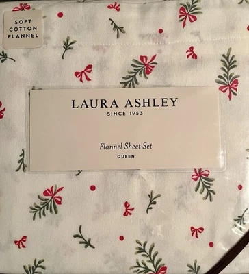 LAURA ASHLEY Cotton Flannel Queen Sheet  Set Merry Mistletoe New - Image 1 of 4