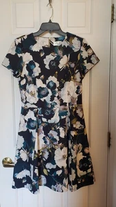 Eliza J Sz 10 Aline Dress Short Sleeve Back Zipper Floral Black Teal Cream Lined - Picture 1 of 8