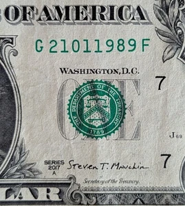 2017 A $1 bill fancy serial, birthday date note January 21, 1989. G 21011989 F - Picture 1 of 3