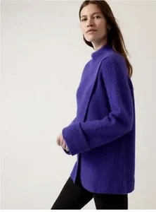 Athleta XL Wool Cashmere Azalea Sweater, Noble Blue Mock-Neck Wrap Sweater $249 - Picture 1 of 16