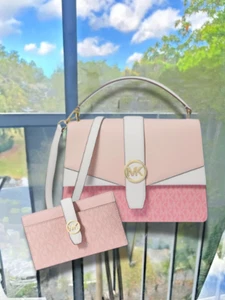 Michael Kors Greenwich Women MD Satchel Bag & Bifold CZ Wallet Set(Powder Blush) - Picture 1 of 13