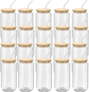 20 Pack Glass Cups with Bamboo Lids and Glass Straw 16Oz Beer Can Shaped Drinkin - Picture 1 of 6