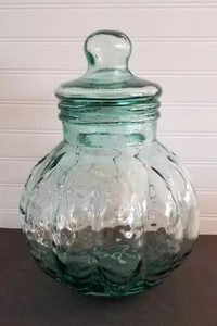 Green Glass APOTHECARY JAR with Glass Lid Melon Shaped Home Display HUGE! 14x10” - Picture 1 of 1