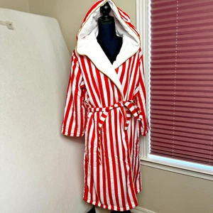 Truly Beauty Signature VIP Collection Bath Robe Red White Stripe hooded long - Picture 1 of 8