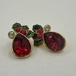 Vintage Avon Christmas Post Back Pierced Earrings Red Rhinestone & Holly Leaf - Picture 1 of 7