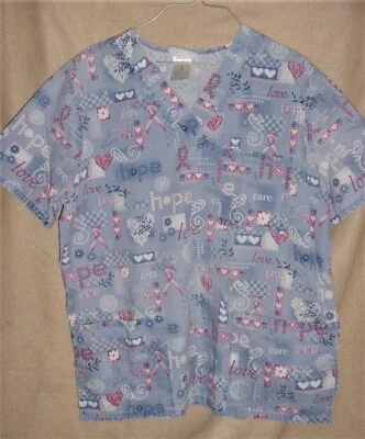 Hearts Breast Cancer Ribbon Flowers Print Blue Pink SB Scrubs Top Shirt M - Image 1 of 2