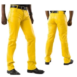Herren gelbe Echtlederhose Bikerhose Rindsleder Echtleder Hose - Bild 1 von 4