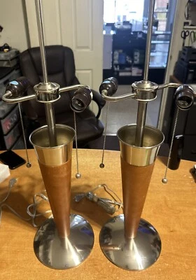 Lot Of 2 Mid Century Natural Wood Stainless Steel Lamp Emess Lighting Inc WORKS - Image 1 of 4
