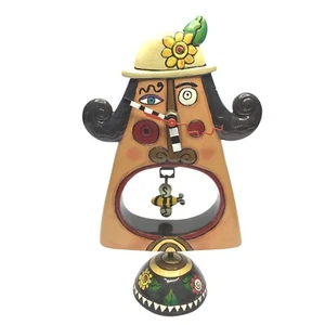 ALLEN DESIGNS Folk Art Clock Bee Pendulum Whimsical Face Hat Mustache Sculpture - Picture 1 of 9