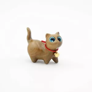 Green Sandalwood Hand Carved Wood Cat,Kitten Statue,Treasure Cat - Picture 1 of 6