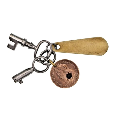Antique Key x2 - FARTHING Love Token & Bramah Type key with Bone Tag - ref.k818 Cover