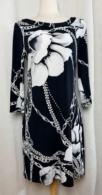 Vestido Casa Blanca Mercado Negro Floral Estampado Cadena L Negro Blanco Elástico Rodilla Len Foto 1 de 4