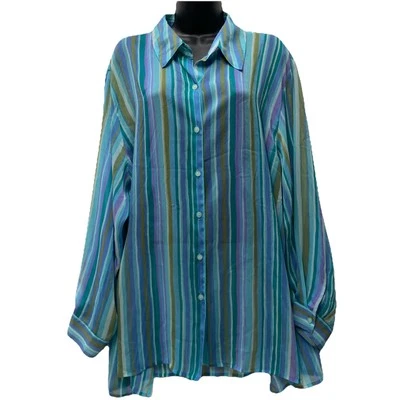 Blusa Liz Claiborne Coastal Azul Transparente Rayas 2X Botón Aldeano Fluido Resort Foto 1 de 4