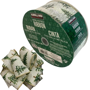 Kirkland Wire Edge Ribbon Christmas Trees Roll 50 Yards Beige Green Wrap 2.5" - Picture 1 of 24