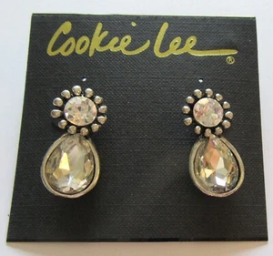 Cookie Lee Faceted Glass Earrings- silver color- clear -round & pear shape - Picture 1 of 1