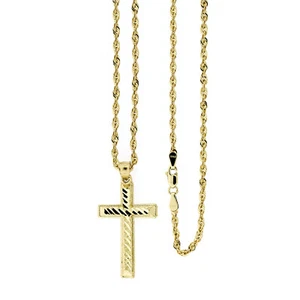 Mens 10K Yellow Gold Nugget Cross Charm Pendant With 2.5mm Rope Chain Necklace - Picture 1 of 17