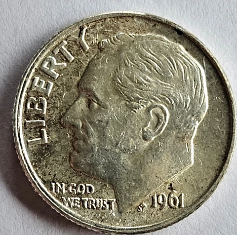 U.S.A. 1961 Roosevelt Silver Dime, 90% Pure Silver, Mint Shine, AU, FAST SHIP Cover