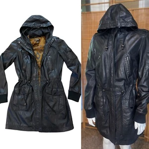 Military Style DANIER LEATHER COAT w/ HOOD XS Pockets Parka Coat Women’s Retro - Bild 1 von 10