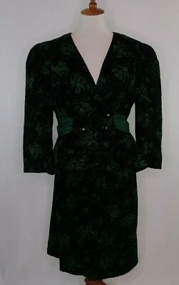 De Colección Años 80 Patra Verde Terciopelo Negro Floral Brillo Fiesta Fiesta Falda Traje Talla 14 Foto 1 de 4