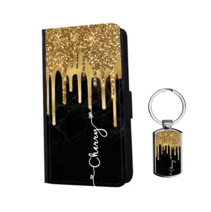 PERSONALISED Name Glitter Effect Flip Leather Wallet Phone Case Cover + Keyring - Picture 1 of 5