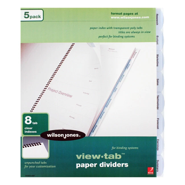 Wilson Jones View Tab Paper Dividers, Clear, Unpunched Tabs - 8 Tab, 5/Pack - Image 1 of 1