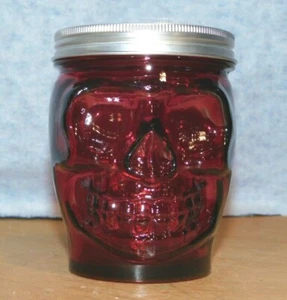 Cranberry GLASS SKULL "Stash" JAR Canister w SCREW LID Pot Head Deadhead 5"H SM - Picture 1 of 4