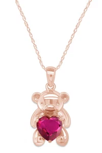 Simulated Diamond Ruby Love Heart Teddy Bear Pendant Necklace 14k  Gold Plated - Picture 1 of 5