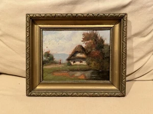 Antique 1880’s Oil on Board European Painting- solid wood gold frame vintage art - Picture 1 of 14
