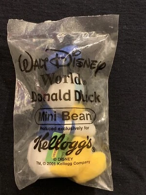 Peluche de mini frijol del pato Donald sellado - 2001 Walt Disney World Kellogg’s Cereal Toy Foto 1 de 3