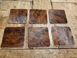 6 posavasos de piel de vaca real negro/marrón tirado 9,5 cm x 9,5 cm - Imagen 1 de 2