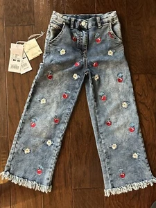 EUC MONNALISA Girls Cutoff Cherry Embroidery Gems Jeans Size 8 - Picture 1 of 9