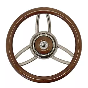 Steuerrad Sportboote 35cm Edelstahl Mahagoni-Look Lenkrad Motorboot Steuer Boot - Bild 1 von 1