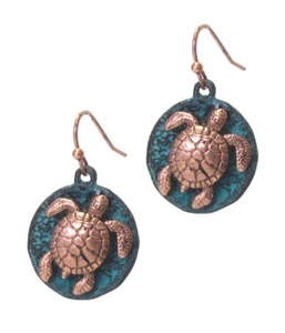 SEA TURTLE Dangle Earrings Patina Disc Copper Color Sea Turtle Wire Earrings - Picture 1 of 1