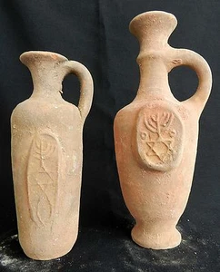 2 pcs. Biblical Antique Jugs Holy Land Jerusalem Clay Pottery Menorah David Star - Picture 1 of 4