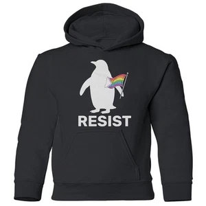Penguin Resist Protest - LGBTQ Progress Pride Flag Youth Hooded Sweatshirt - Picture 1 of 6