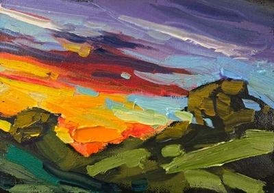 Brillante Puesta de Sol Cielo Pequeña Pintura Original Nuevo Impresionismo Arte de Pared Hawkins Foto 1 de 4