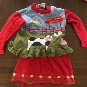 VTG. 2Pc Set FUNSTUFF Toddler Girls Old Macdonald Sweater And Skirt Red Green 4T - Picture 1 of 17