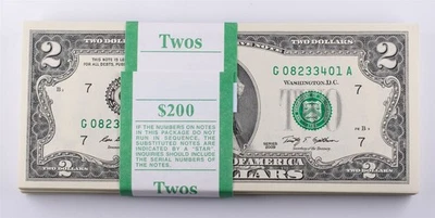 2009 BEP Strap $2 UNC Consecutive Federal Reserve Notes Lot of 100  - Image 1 of 4