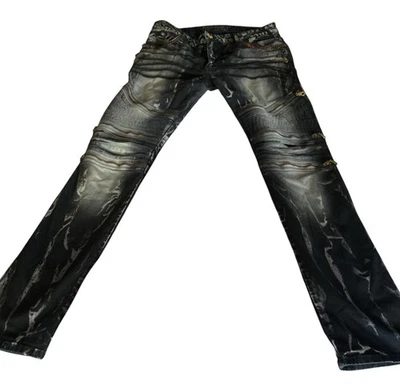 Jeans Robin's Para Hombre 32 Negros Denim Tachonado Detalle Cremallera Frontal Tiro Bajo Recto Foto 1 de 4