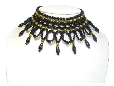 Collana Elastica Perline Oro Nero Choker Elastica Vintage Regalo Gotico Gioielli - Immagine 1 di 2