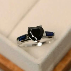 3Ct Heart Cut Black Diamond Three-Stone Engagement Ring 14k White Gold Simulated - Picture 1 of 7