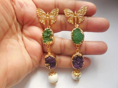 Agate Butterfly Chandelier Earrings Gold Edge Geode Gemstone Dangle Jewelry - Image 1 of 4