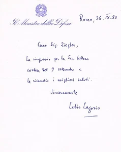 Italy Minister Lelio Lagorio 1925-2017 autograph signed letter 6"x7" dated 1980 - Picture 1 of 1