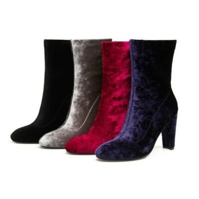 Дамы вечеринки туфли бархата высокий блок каблуки молнии короткие Anlke ботинки США размер 4-10 - Изображение 1 из 4