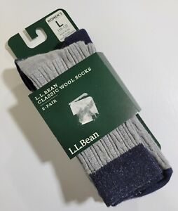 LL Bean Classic Merino Wool Blend Socks Womens Large 10-12 Gray/Navy 2 Pair NIP